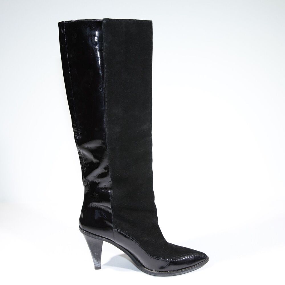 H&M Boots Black Suede Leather Knee High Pull On Pointed Toe Sz 9.5 US